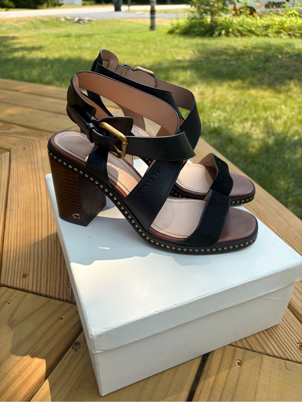 Coach Black Leather & Wood Block Heel Sandals